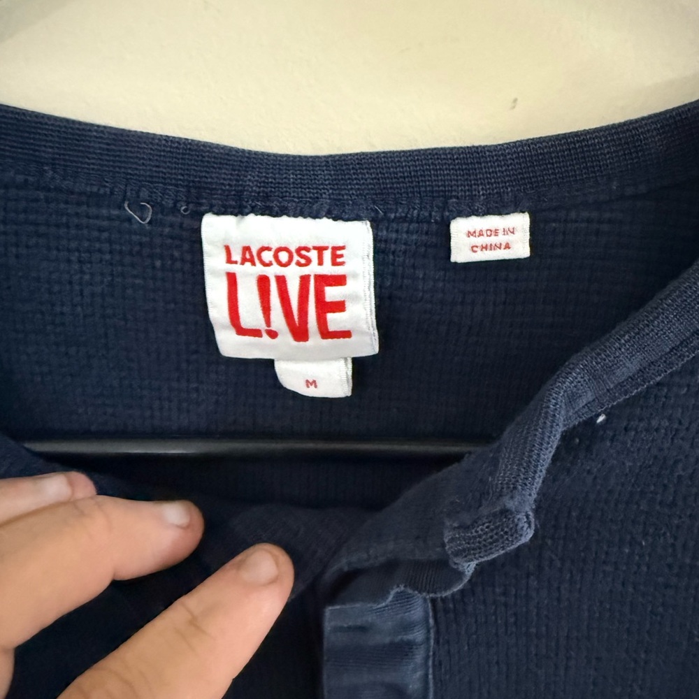 Lacoste Men's Long Sleeve Henley Waffle Knit T-Shirt in Navy Blue Medium - Picture 2 of 7